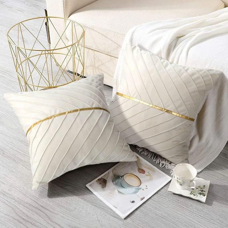 2pcs 45 X 45 Cm Velvet Beige Sofa Cushion Covers for Elegant Chairs Gold Square Decorative Stripe for Car Garden Camping Living
