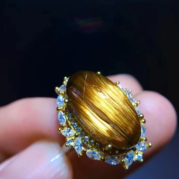 

Natural Gold Rutilated Quartz Adjustable Ring 925 Silver Oval 17.5/9.8mm Women Yellow Rutilated Beads AAAAAA