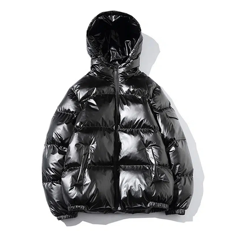 Glossy Black Mens Coats and Jackets Women Harajuku Parkas Cotton Padded Hooded Bright Jaqueta Masculina Unisex Winter Clothes