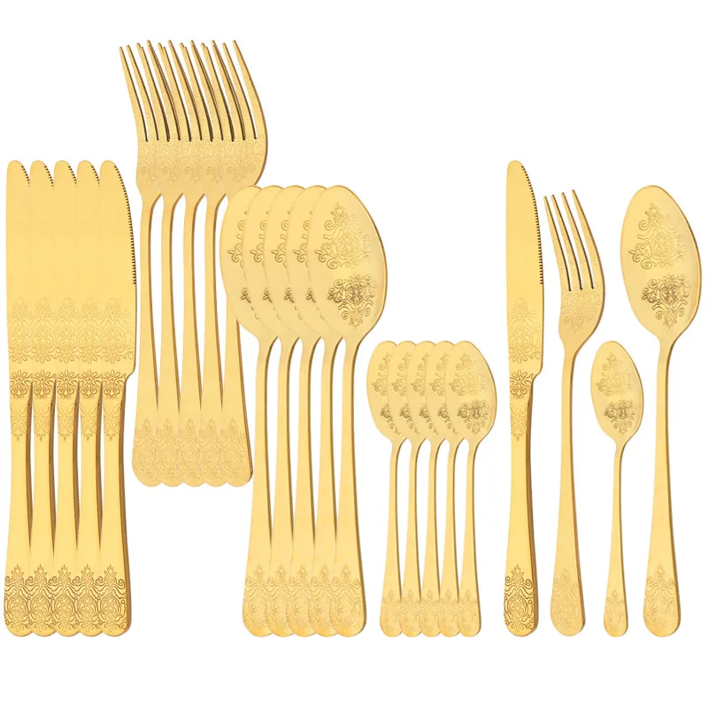 

High Quality Dinnerware Cutlery Set Handle Exquisite Carving Stainless Steel Golden Tableware Knife Fork Spoon Flatware Set