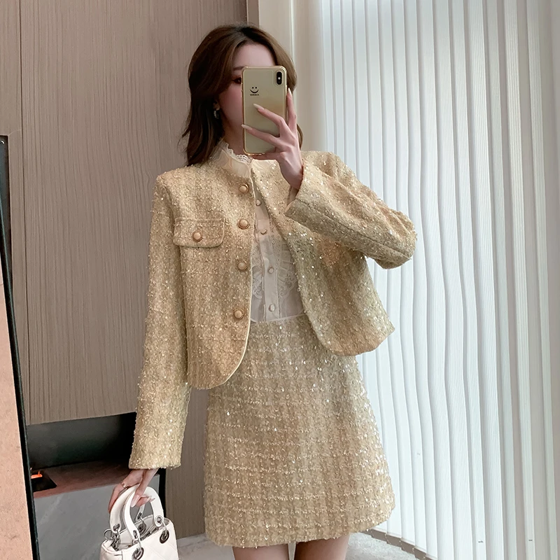 High Quality Autumn Tweed Two Piece Set for Women Sequin Shiny Jacket Coat + Mini Skirt Suits Streetwear Woolen Office Outfits