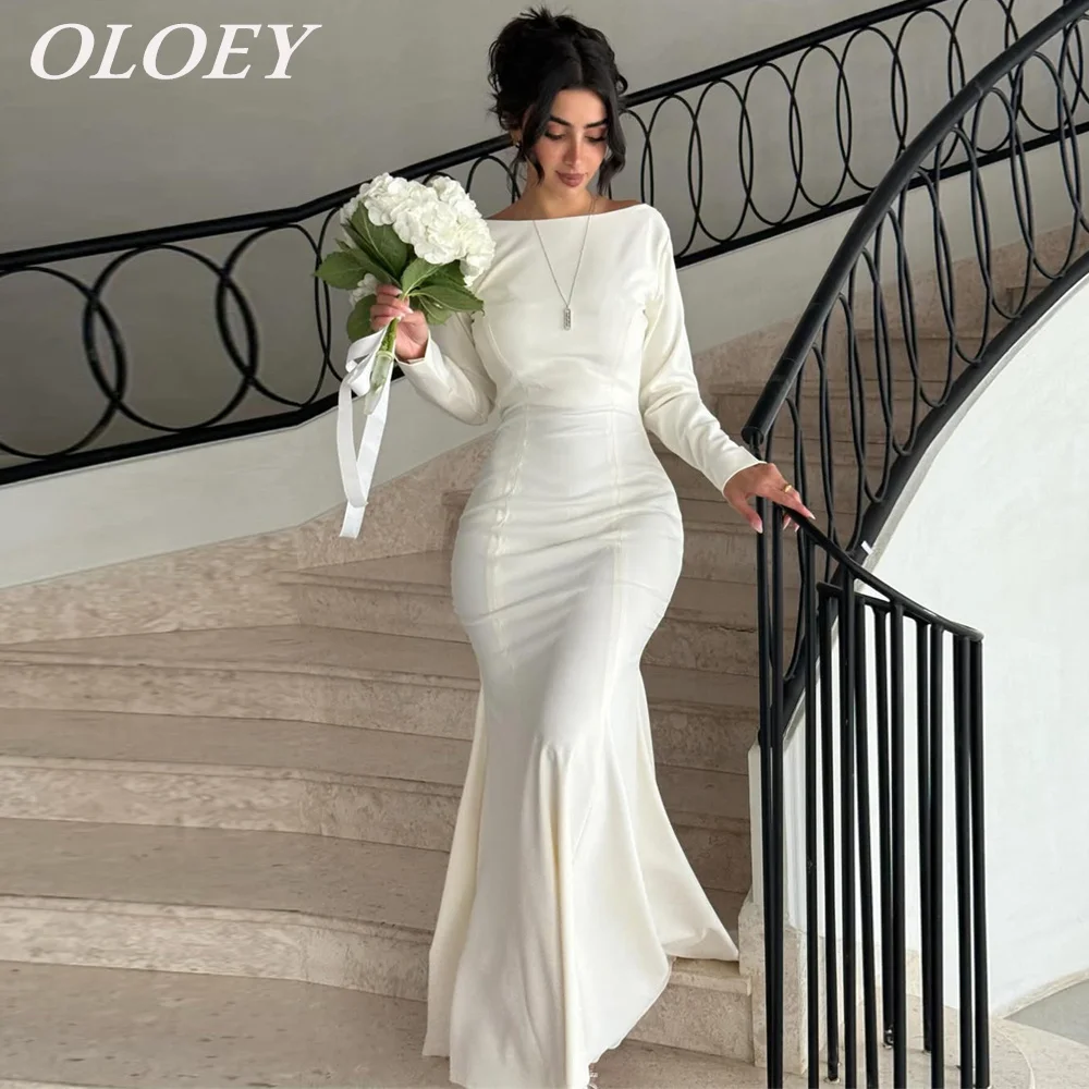 

OLOEY Ivory Satin Wedding Dresses Lace Long Sleeves Summer Formal Gowns Floor Length High Neck Robe de mariage Customized
