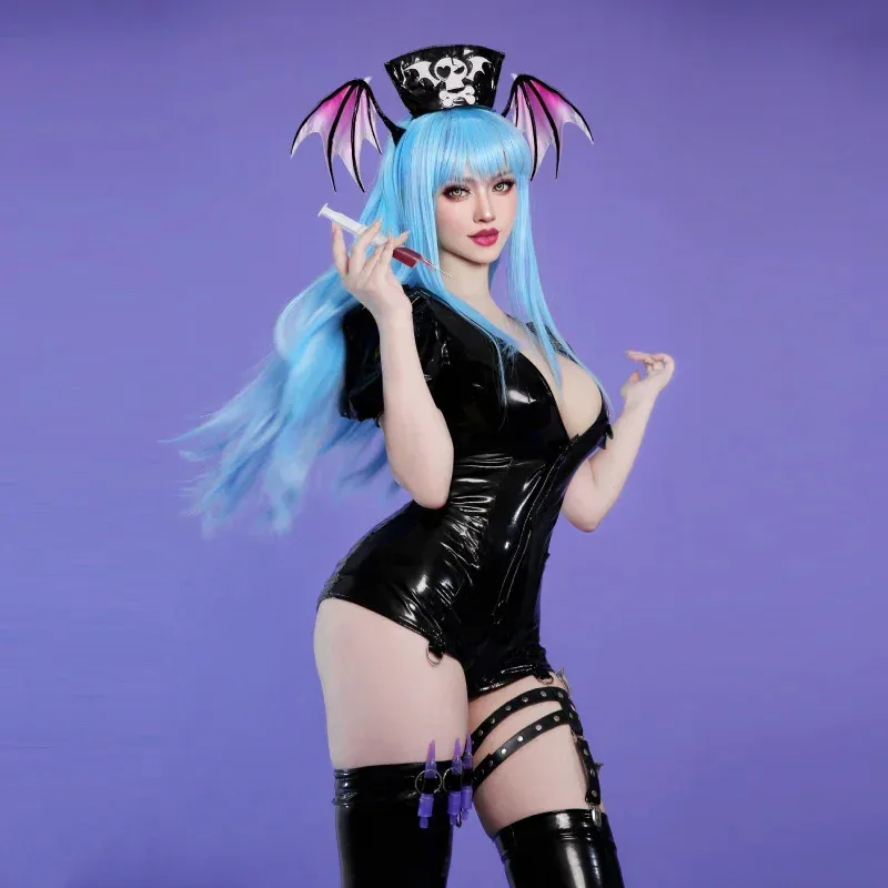 

NewAnime Vampire Morrigan Aensland Dark Nurse Cosplay Costume Women Succubus PULeather Jumpsuits Sexy Dress Halloween Party TB1