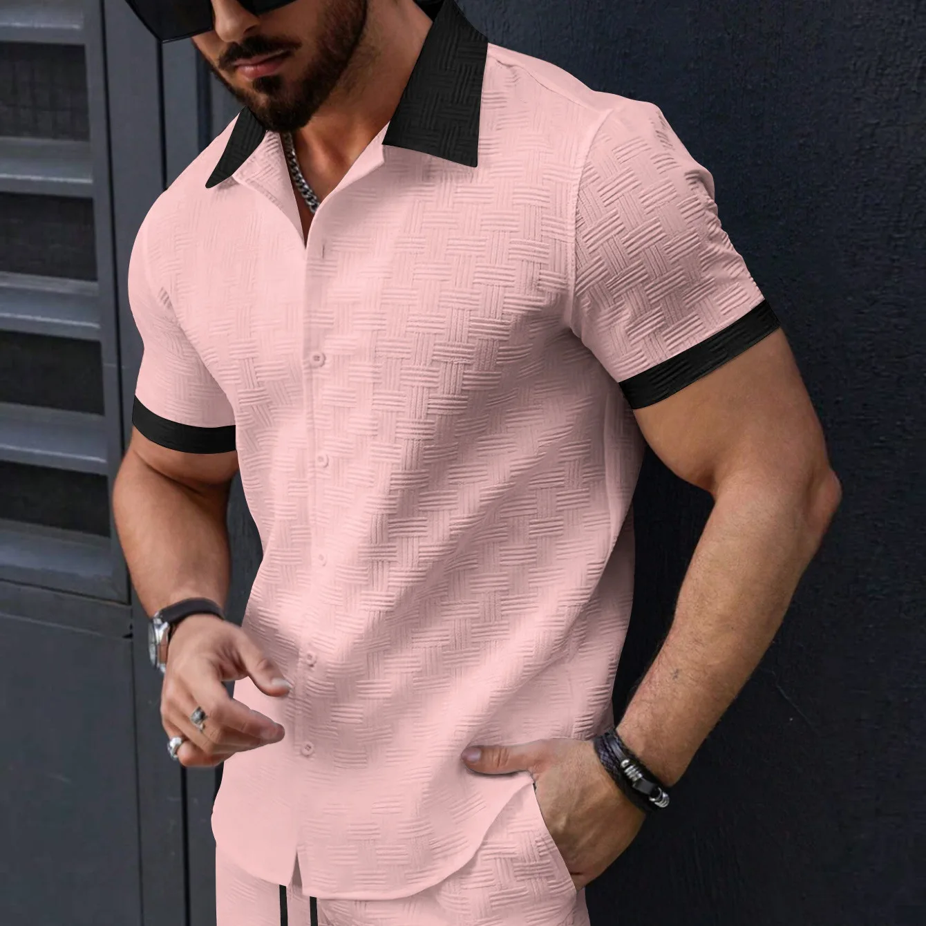 Men's Casual Short Sleeve Shirt Floral Embroidery Color Block Fashionable Standard Fit Citywalk Cotton PU Leather No Ironing ...
