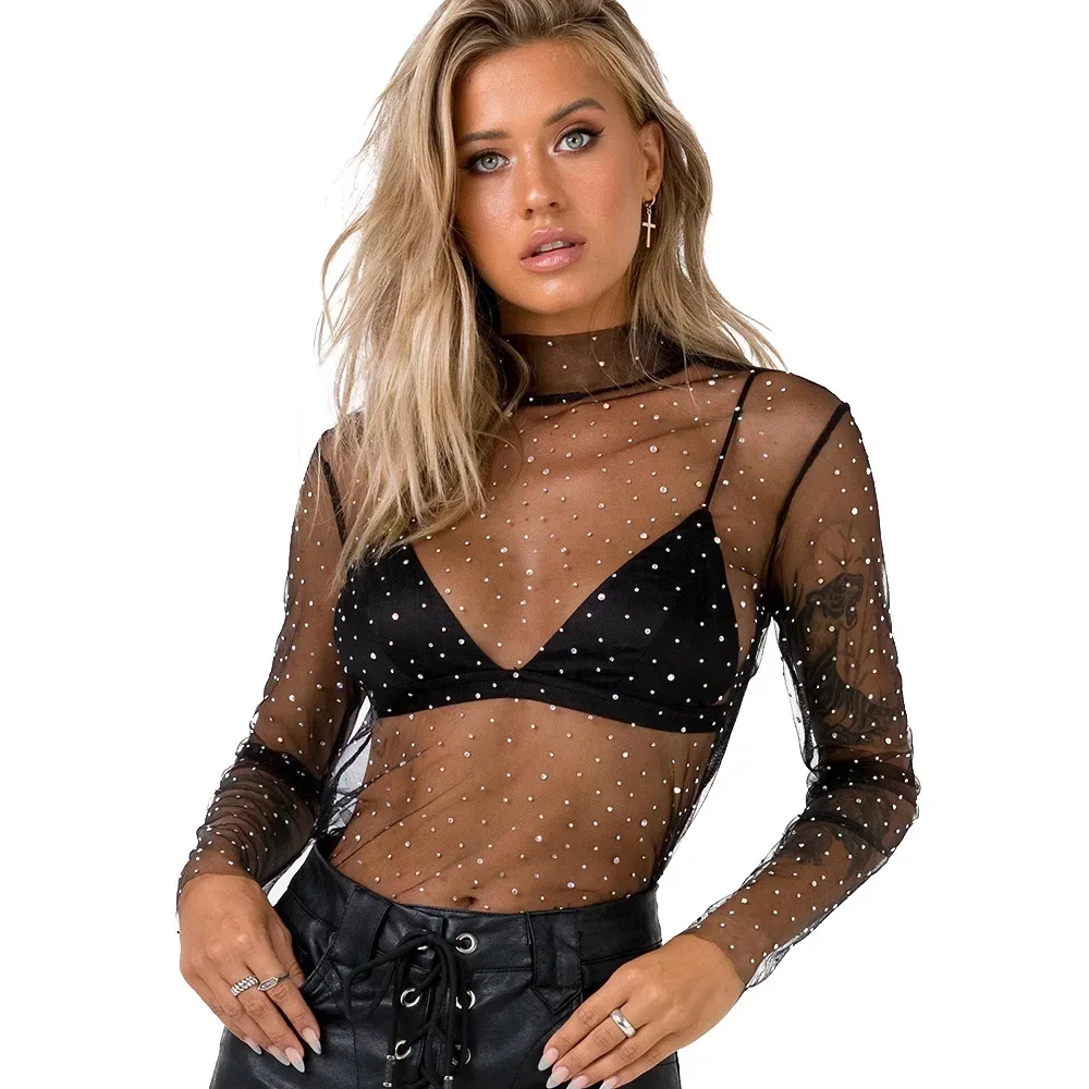 Women O-Neck Sparkle Tee Tops Sexy Clubwear Sheer Mesh Sequins Tops Glitter See-Through Translucent Long Sleeve Feminist Shirt