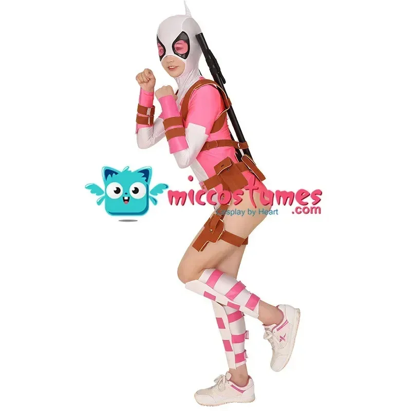 

25COSMiccostumes Women's Pink White Pool Cosplay Costume Bodysuit with Belt Set