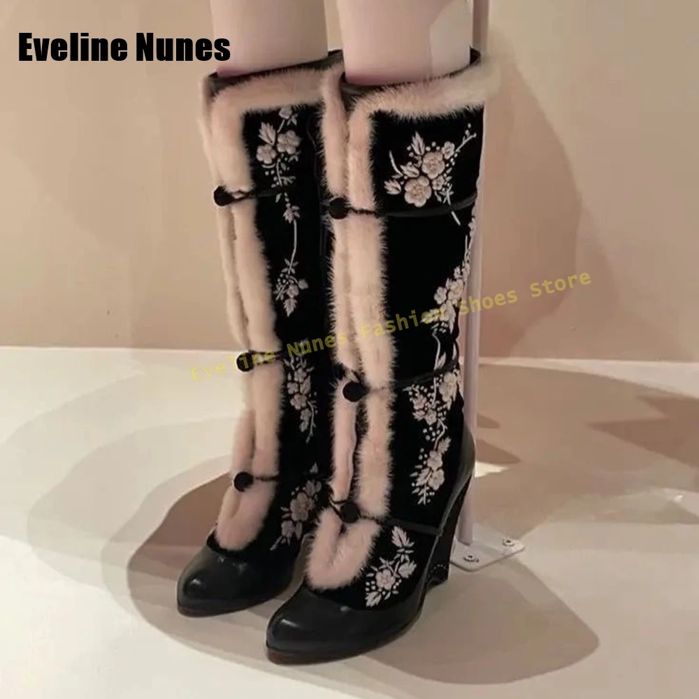

Flower Embroidery Fur Wedge Boots Pointed Toe Lace Buckle Strap Women Patchwork Fashion Knee High Boots Chinese Style 2025 Trend