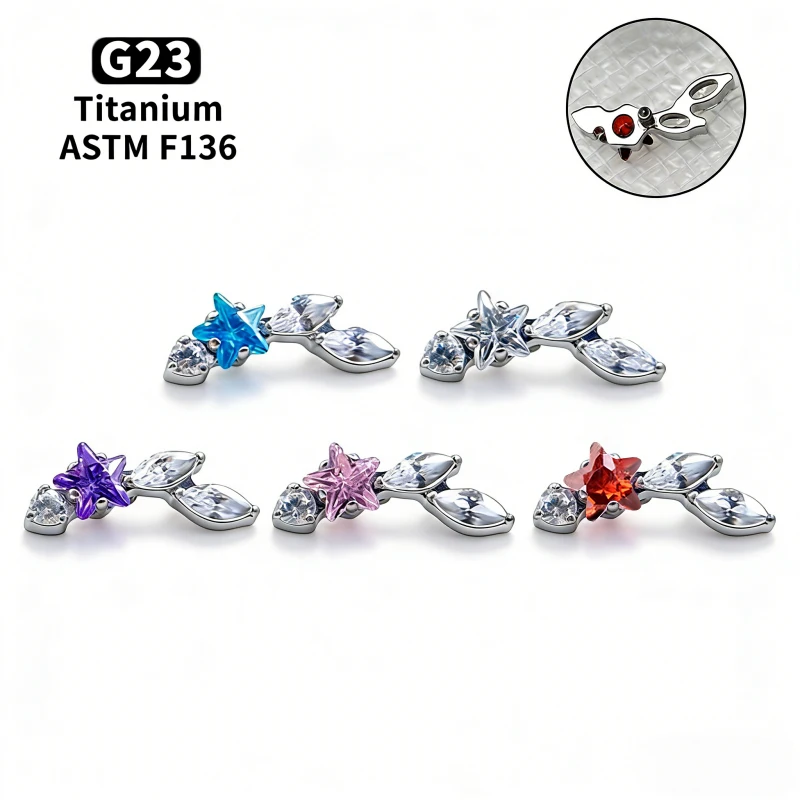 F136 Titan Sternförmiger Zirkonia-Lippenpiercingring mit Innengewinde für Labret, Tragus, Helix, Knorpel, Nasenschmuck, Ohrringe – Detail 1