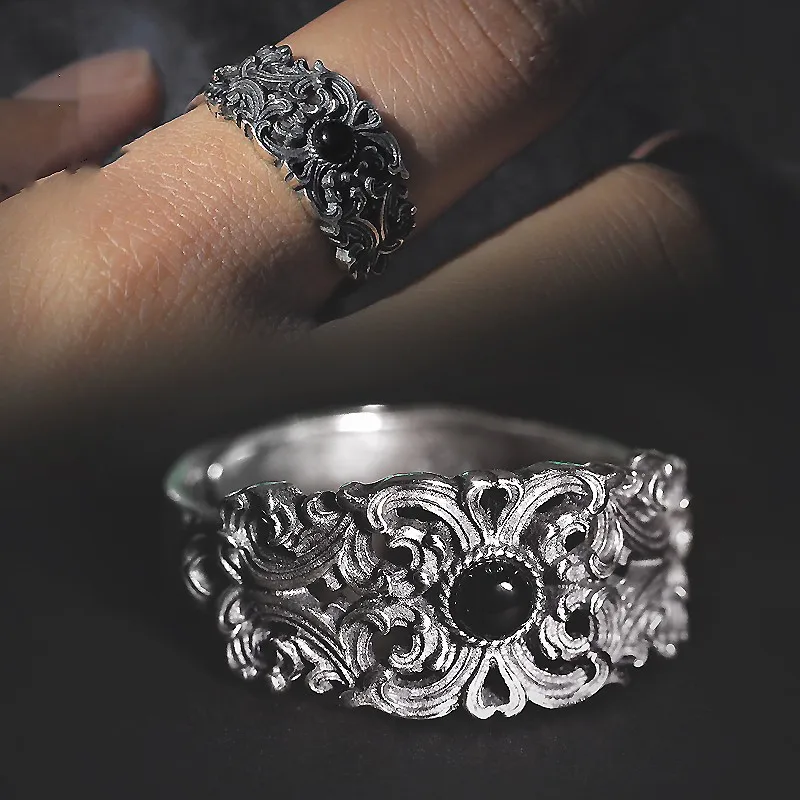 Offener Ring mit Retro-Mongolischer Stammesblumenmuster für Männer und Frauen, antiker Gothic, verstellbarer Ring, Legierung, versilbert, Schmuck, Geschenk