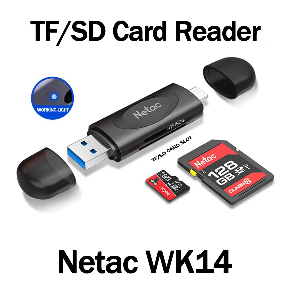 Netac wk14 leitor de cartão usb3.0 hub transmissão de alta velocidade 2-em-1 multi-função tf/sd conversor câmera telefone computador dupla utilização