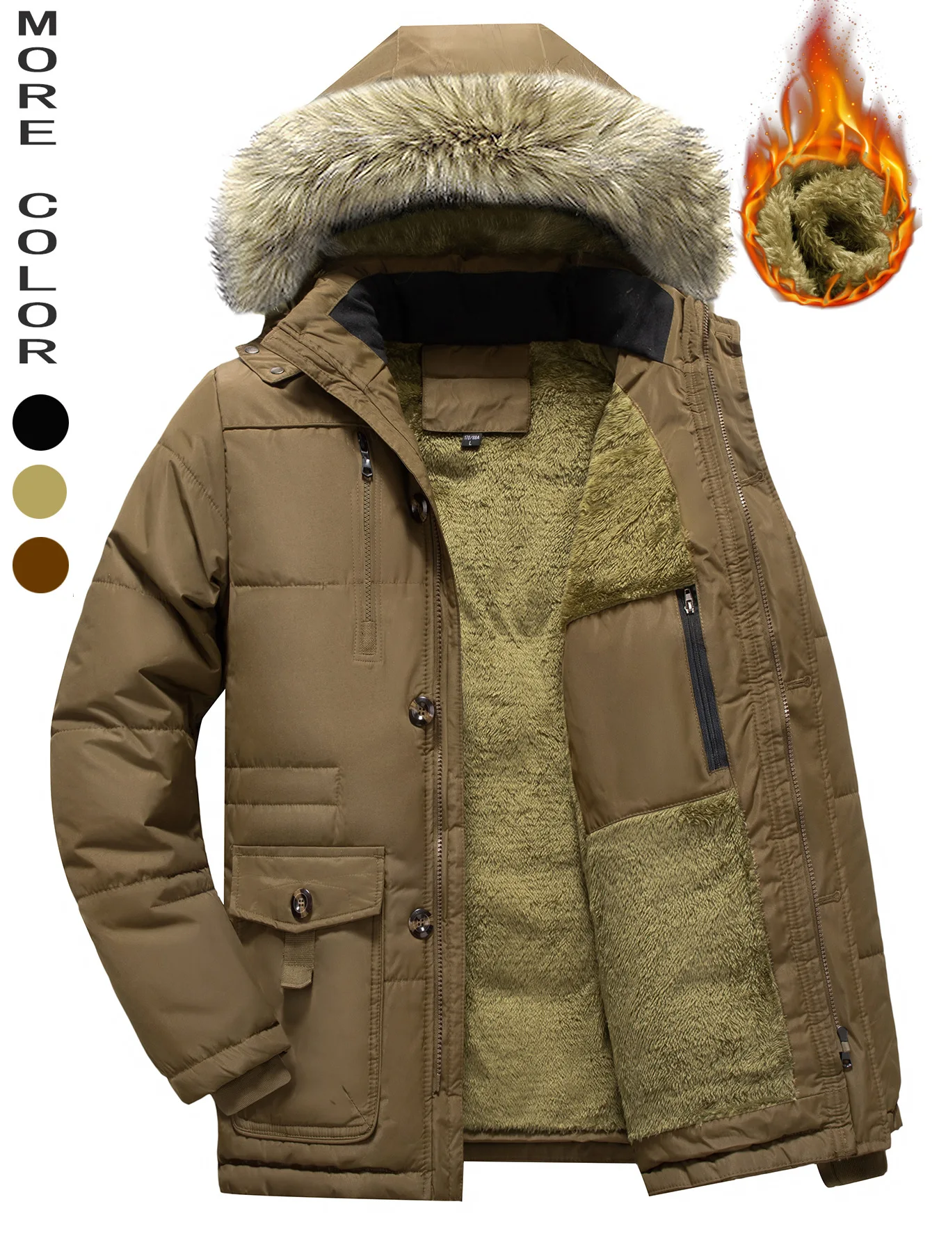 Men's Winter Wool-Collared Cotton-Padded Jacket Thickened Fleece Hooded Coat Warm Middle-Aged Elderly Fathers Clothing