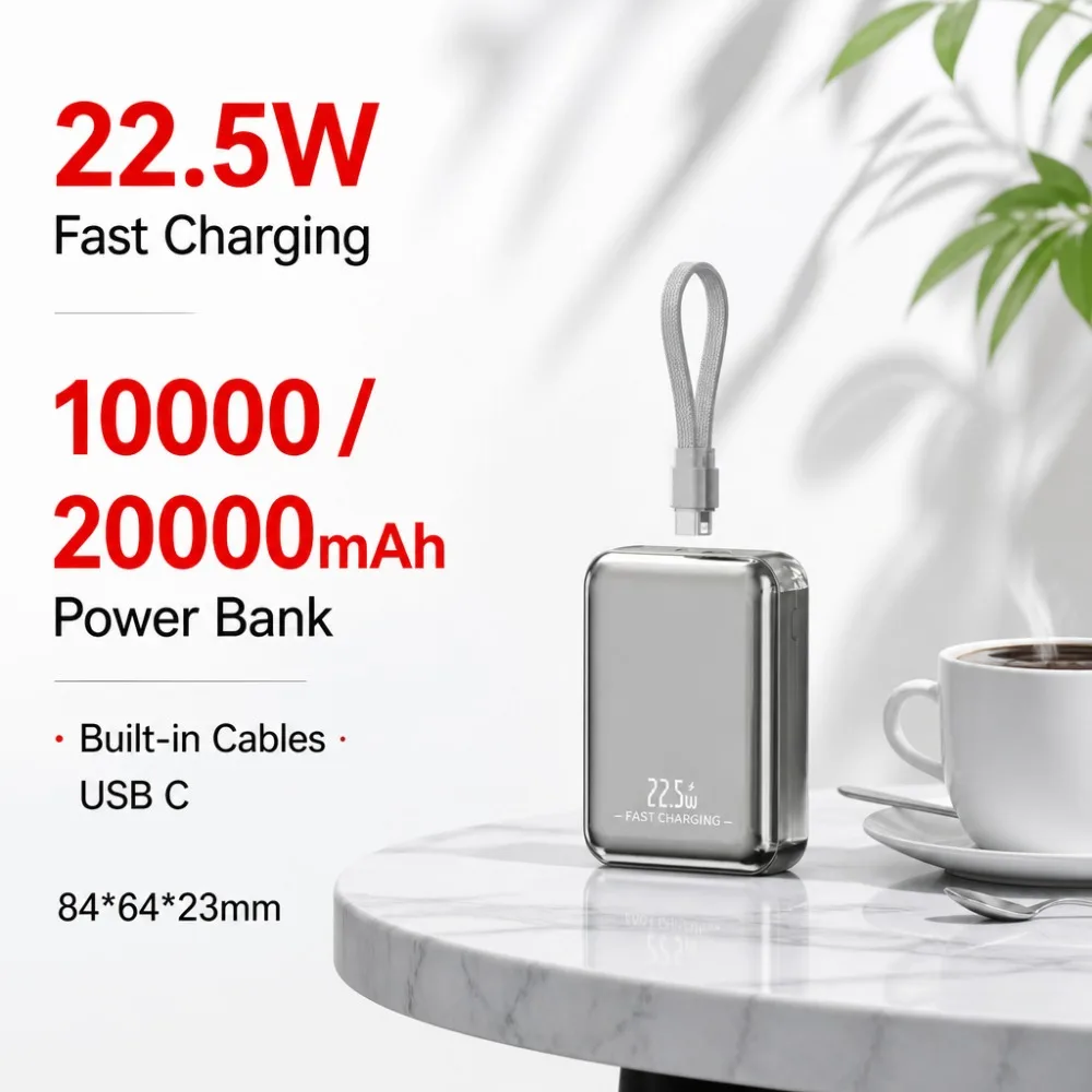 10000mAh 20000mAh 22.5W Fast Charging Power Bank, Built-in Cables Portable Charger, USB C Battery Pack for iPhone Samsung Xiaomi