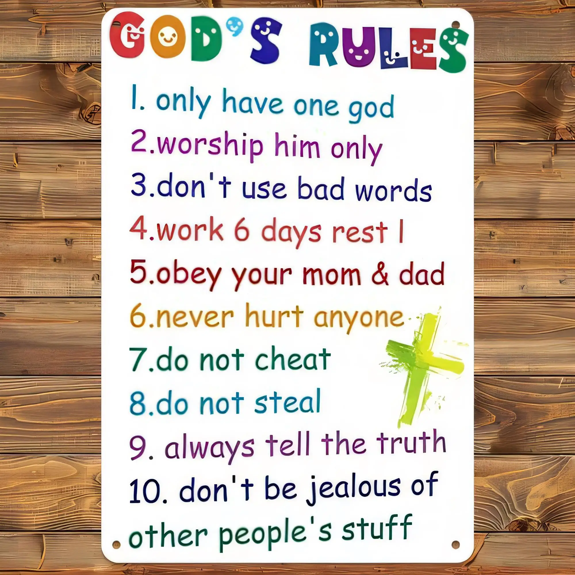 Tin Sign God’s Rules I Only Have One God Work 6 Days Rest I Mom Dad Never Hurt Anyone Don’t Cheat Don’t Steal Funny Retro Metal