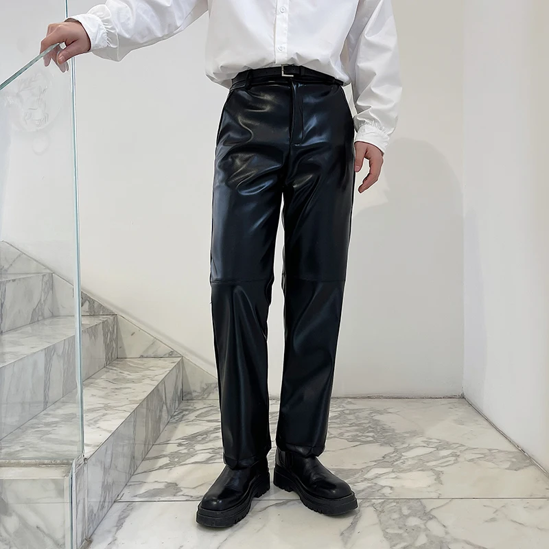 

Весенне-летние повседневные брюки из искусственной кожи для мужчин, модные прямые брюки в мотоциклетном стиле, облегающие, молодежные, активного стиля, длинные брюки