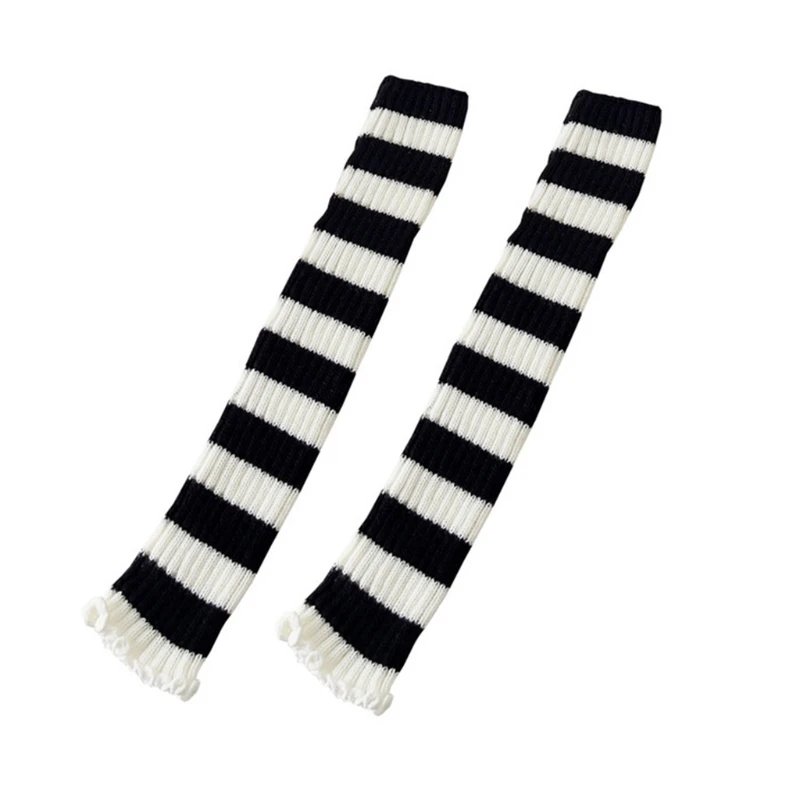 Women Goth Punk Leg Warmers Protector Black White Striped Boot Cover Ribbed Knit Ruffled Knee High Socks