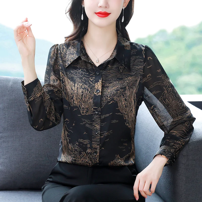 

Chiffon Blouse Women's Tops Early Spring New Style Polo Collar Middle Aged Long-sleeved Printed Shirt