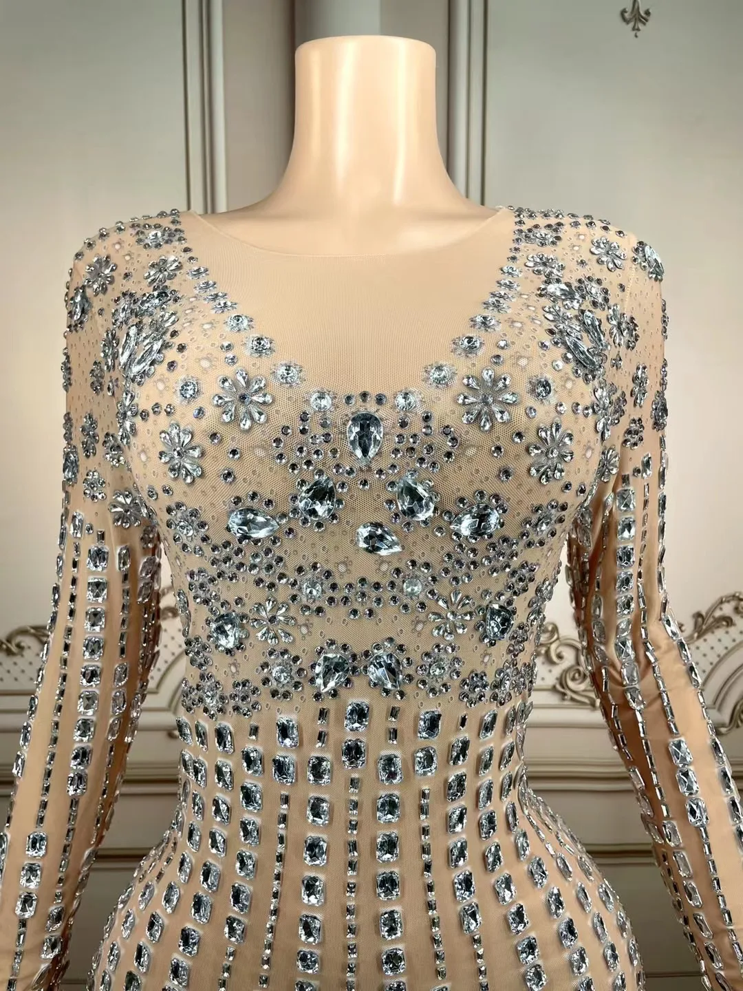 Big Rhinestones Pearls Sleeveless Long Sleeves Mesh Dress Transparent Dancer Performance Birthday Celebrate plus size