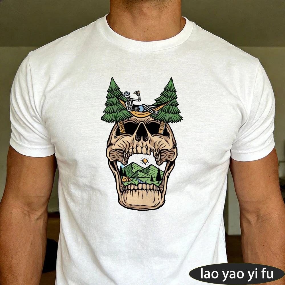 Skeleton Hammock Beer Skull Graphic T Shirt Men T Shirt Dark Humor Party Print Top Summer Chill Out Casual Wear Tops