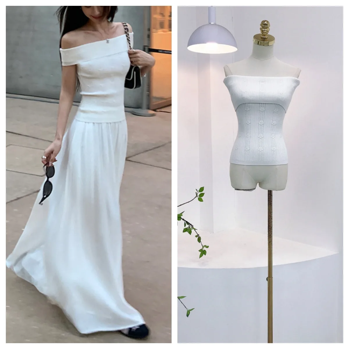 

8063 Off-Shoulder White Top Summer Fragrant Style One-Shoulder Ribbed Stretch Jacquard Design Slimming Vest T-Shirt