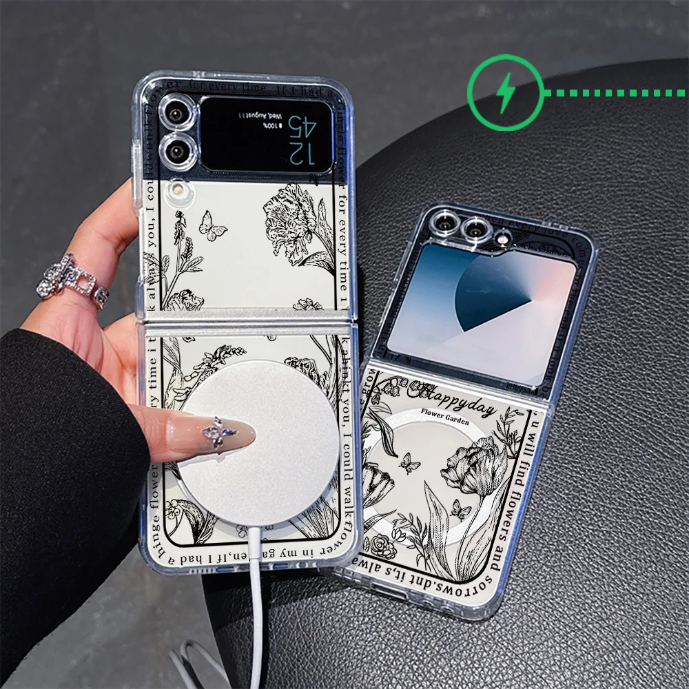 Fashion Ins Flowers Wireless Charge For Magsafe Magnetic Phone Case for Samsung Galaxy Z Flip 6 5 ZFlip 4 3 Flip6 Flip5 5G Cover