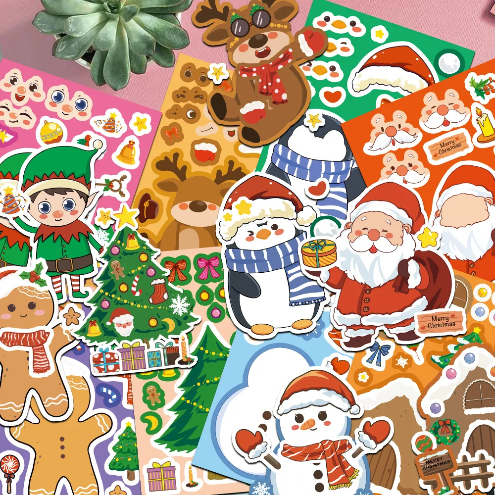 500 قطعة من ملصقات تجميع شخصية كرتونية ممتعة لعيد الميلاد ومتغيرة الوجه سانتا كلوز البطريق ثلج الزنجبيل هدية العيد