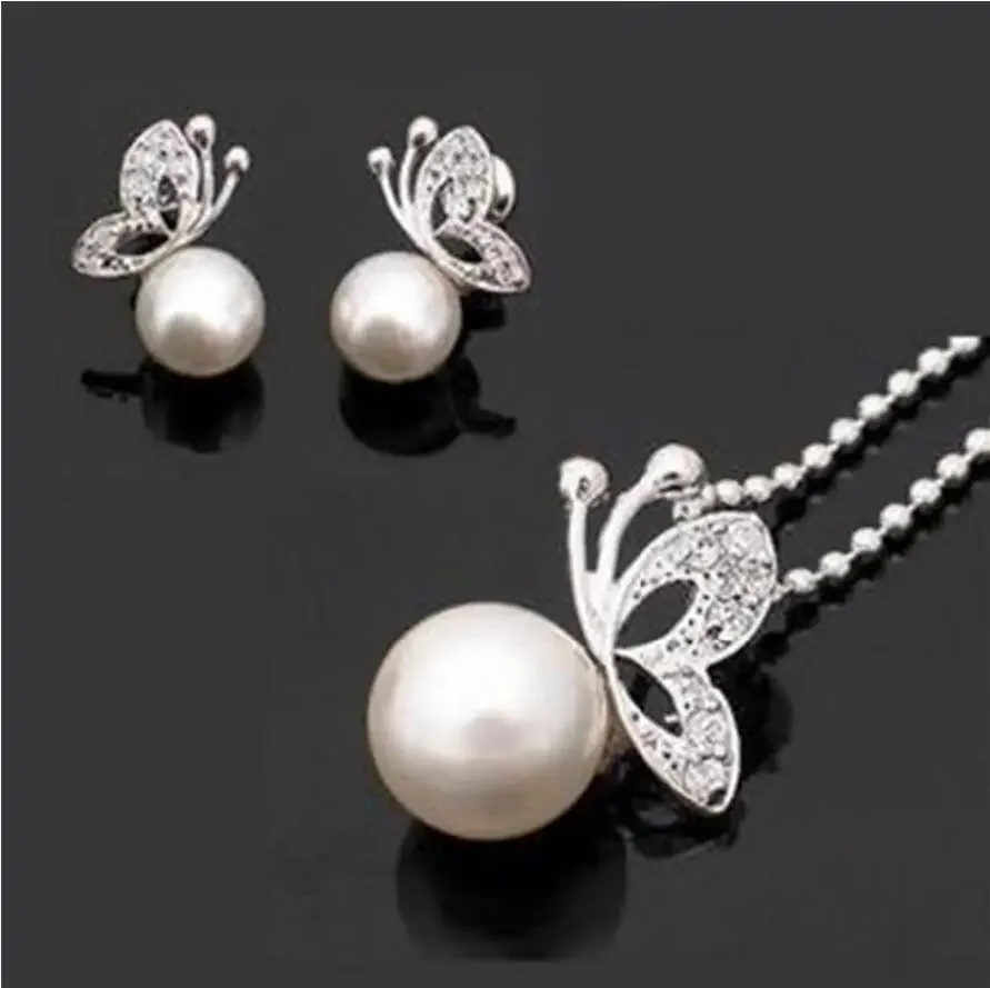 

Fashion jewelry Fashion S925 Sterling Silver White Butterfly Pearl Earrings Pendants Necklace