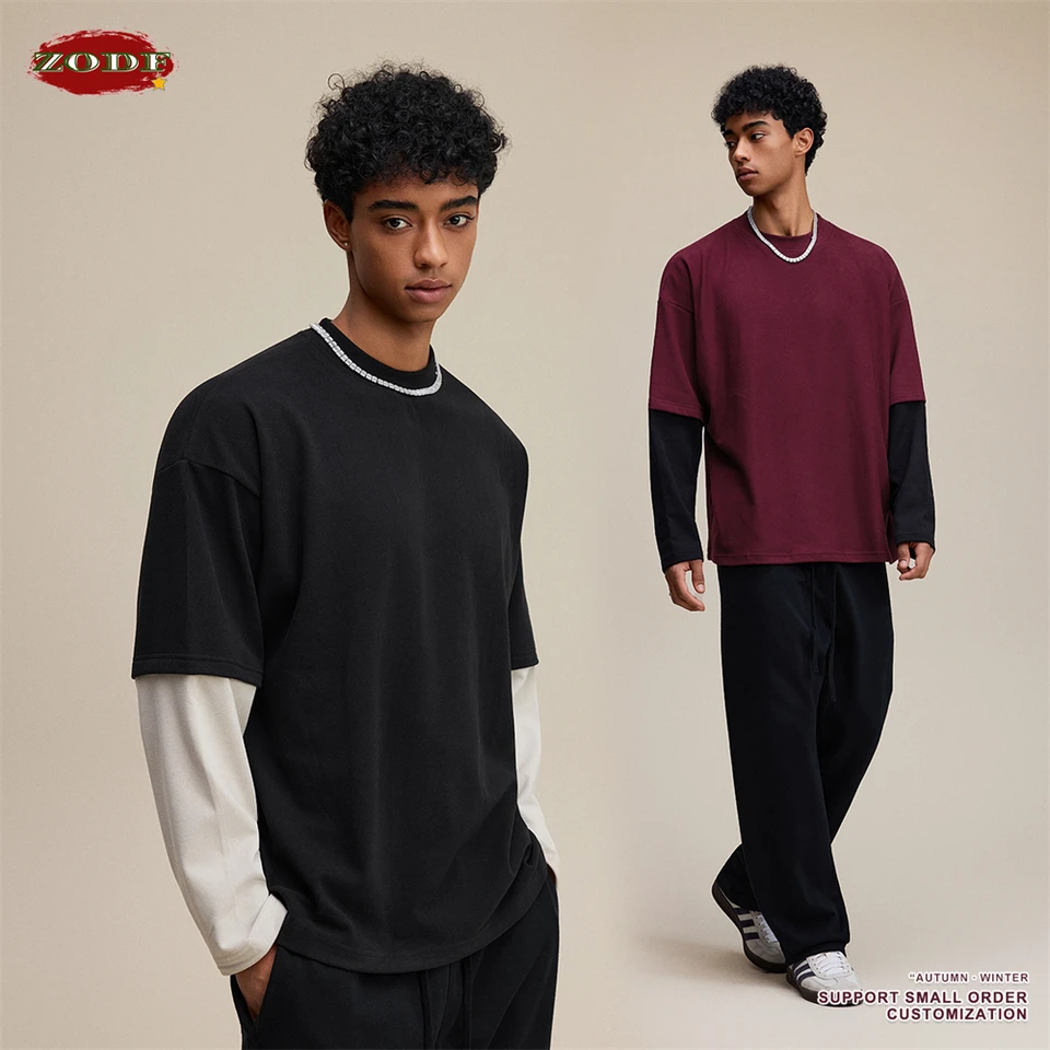 ZODF 2025 Autumn Man Fake 2 Pieces 320gsm T-Shirt Unisex Oversized