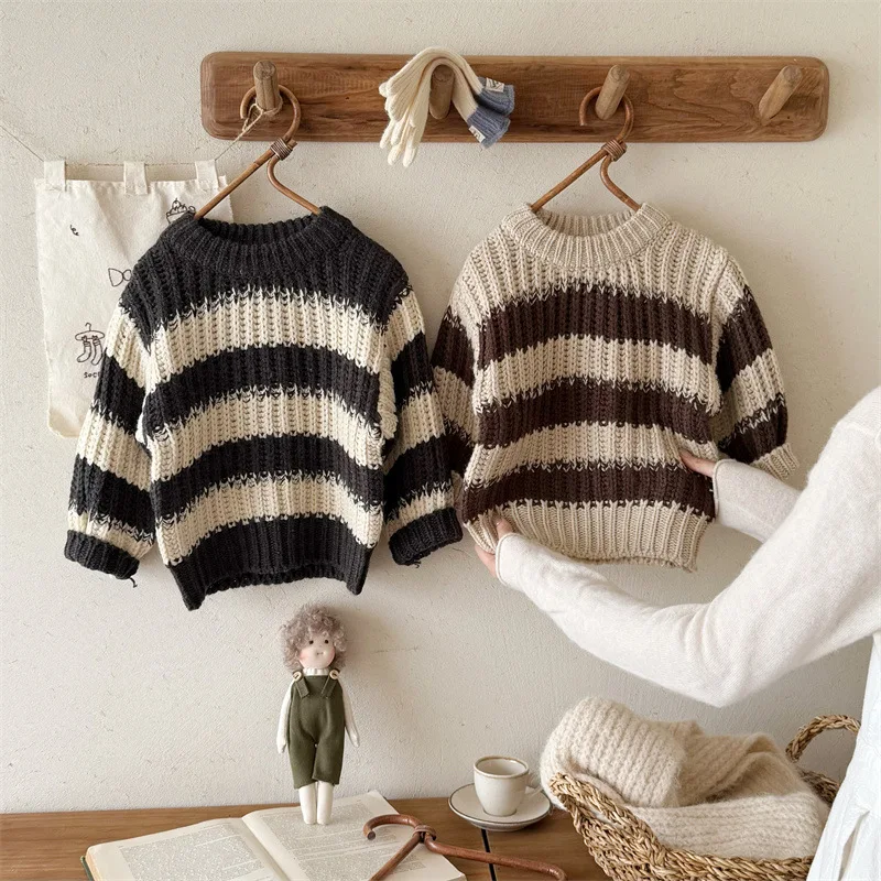 

2025 Autumn Children Boy Sweater Contrast Striped Kid Baby Boy Pullovers Loods Versatile Toddler Little Boy Long Sleeve Knitwear