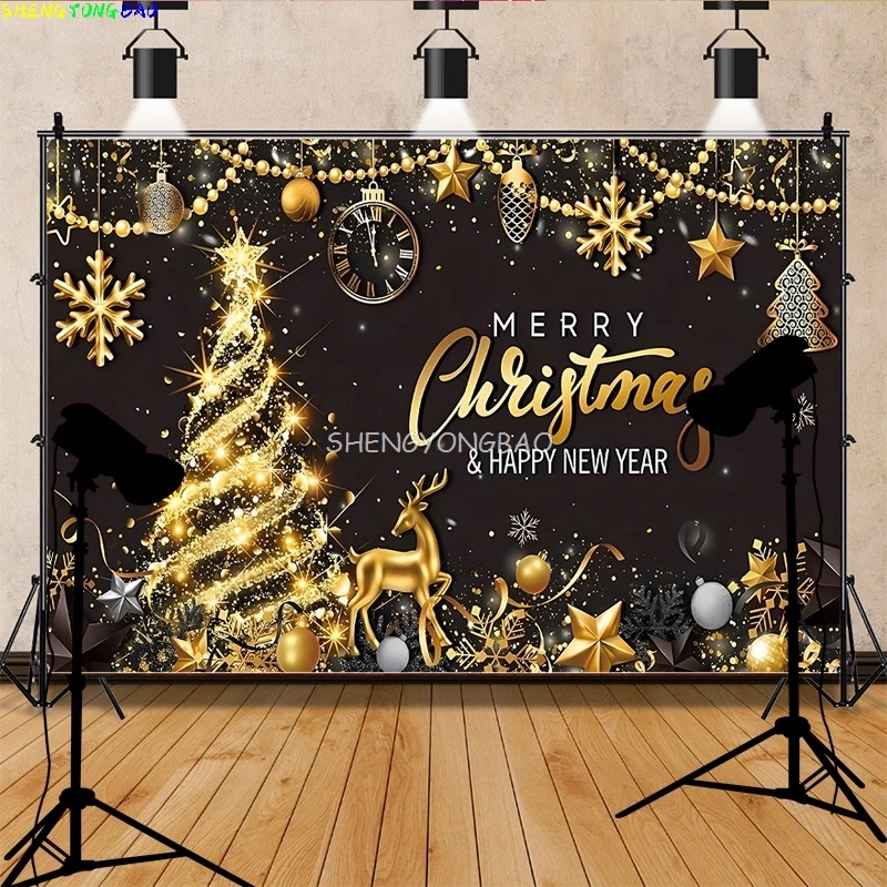 

Black Gold Happy New Year Backdrop Merry Christmas Glitter Photography Background Family Prom Holiday Party Decoration RR-28
