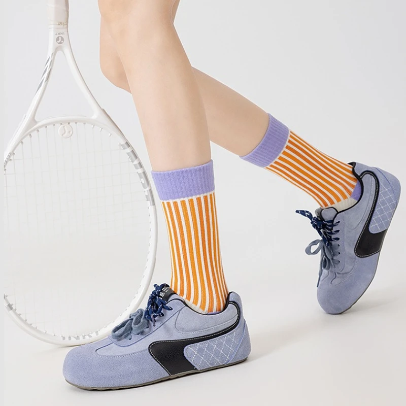 

Новые полосатые модные носки, осенние и зимние утолщенные махровые спортивные носки, женские дышащие чулки среднего размера без костей