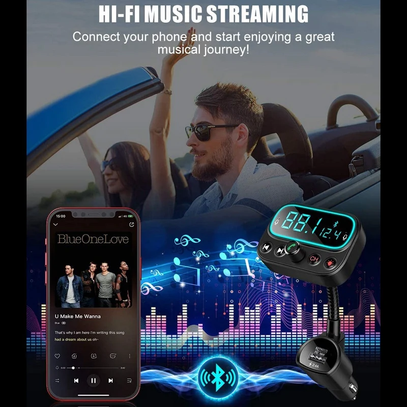 Trasmettitore FM Bluetooth 5.0 per auto con doppio microfono Display LCD da 2.0 pollici supporto per lettore musicale per auto U Disk/uscita AUX