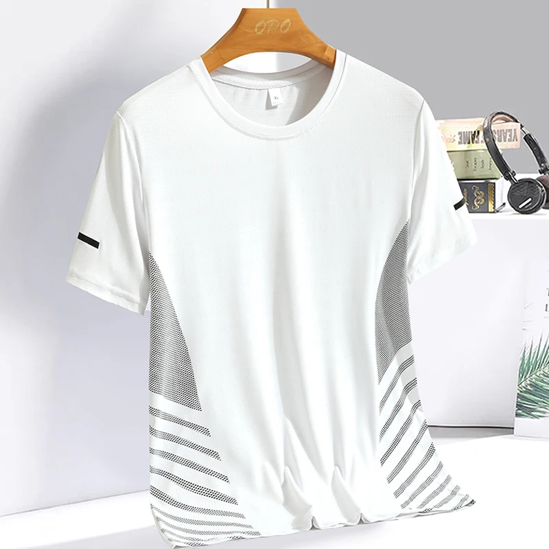 Running T-shirt Men Summer Ice Silk Thin Top Reflective Printing Quick Dry Short Sleeve Breathable Fitness Sports T-shirt 5XL