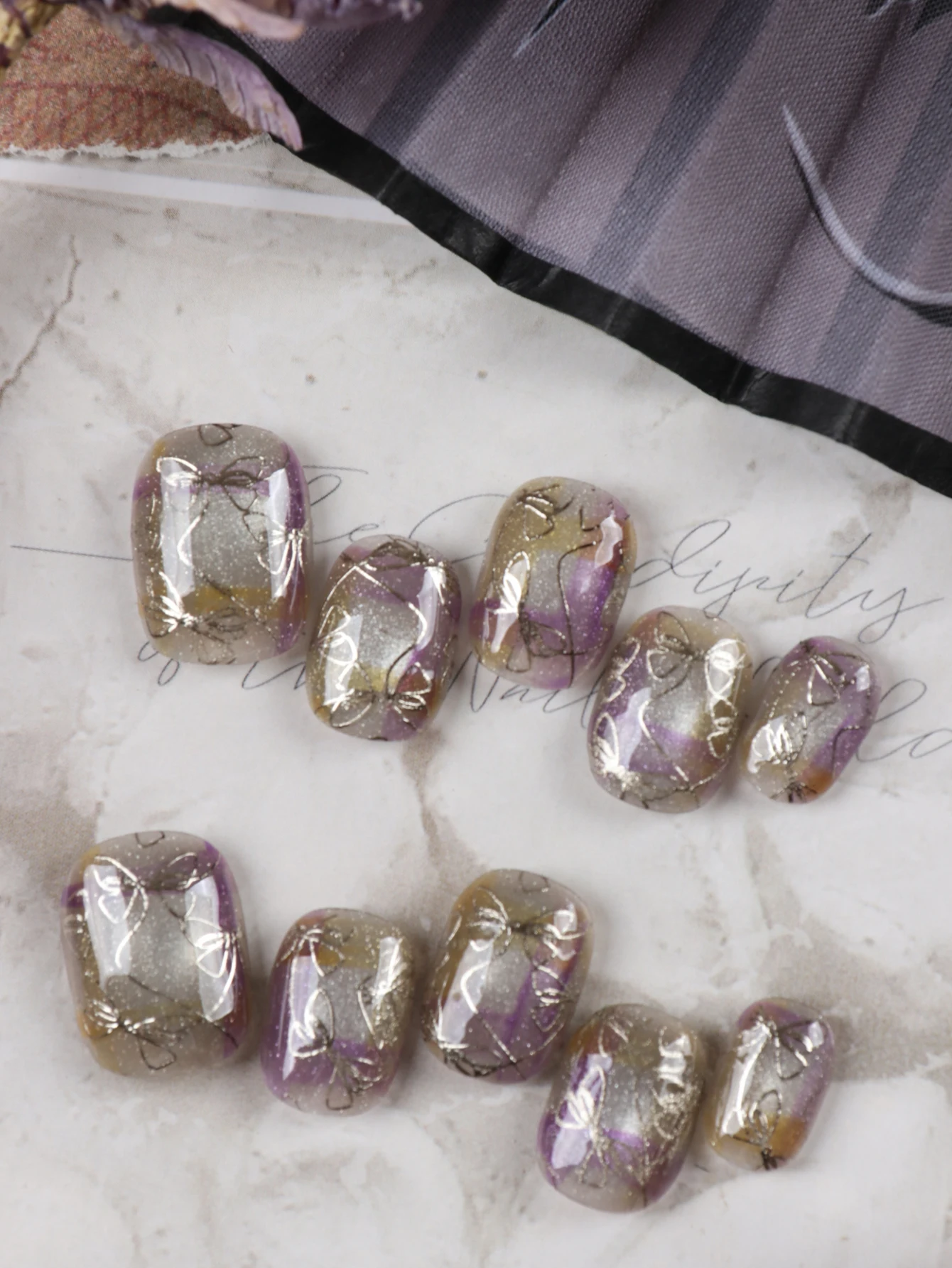 10Pcs Press on Nails  short Silver bow tie Purple  yellow nail art Fake Nails Includes 1 Sheet Adhesive Tabs & 1 Pc Mini File