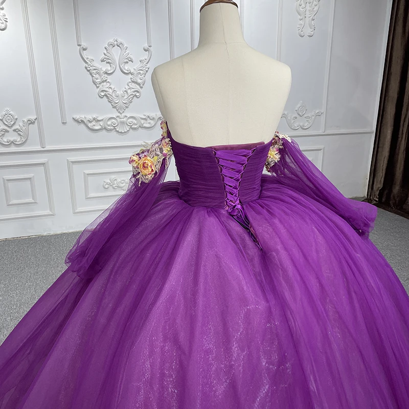 Vestido de baile de quinceañera para mujer, vestido de fiesta de graduación con flores púrpuras, hombros descubiertos, mangas completas de encaje, alta calidad, DY1239