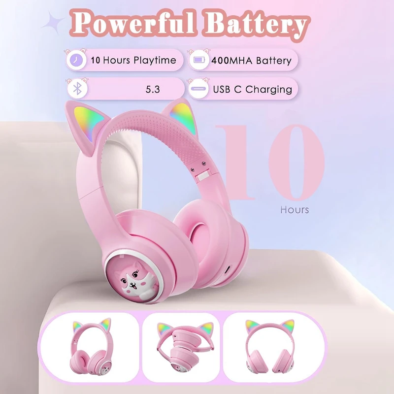 Cuffie wireless pieghevoli, cuffie over ear, cuffie da gioco Cat Ears per telefono con luce LED -D