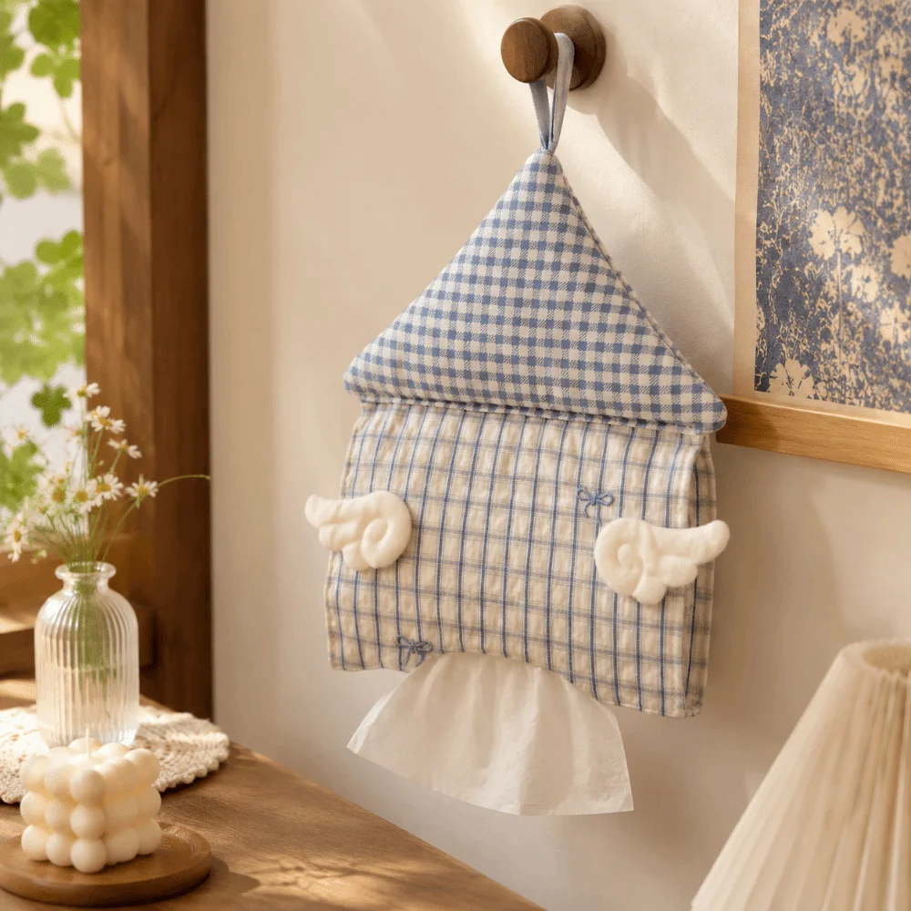 Cute House Shaped Hanging Tissue Holder Stripe Grid Soft Tissue Box Cover Wings Storage Organizer Napkin Holder Home Decor