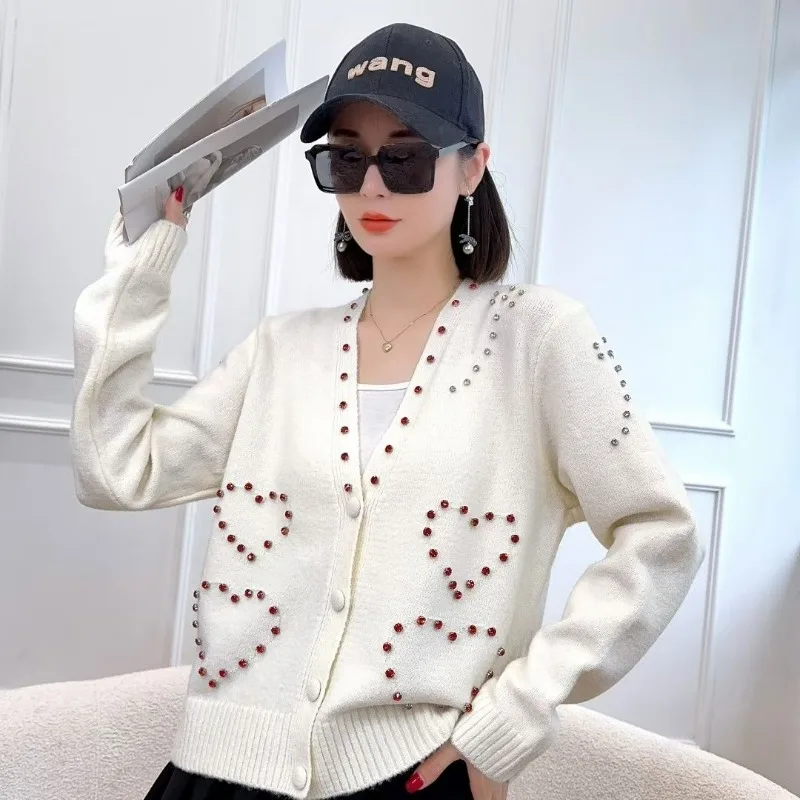 Sweaters for Women Autumn Winter Fashion V Neck Single Breasted Knitted Cardigans Female Diamonds Chic Long Sleeve Loose Jackets