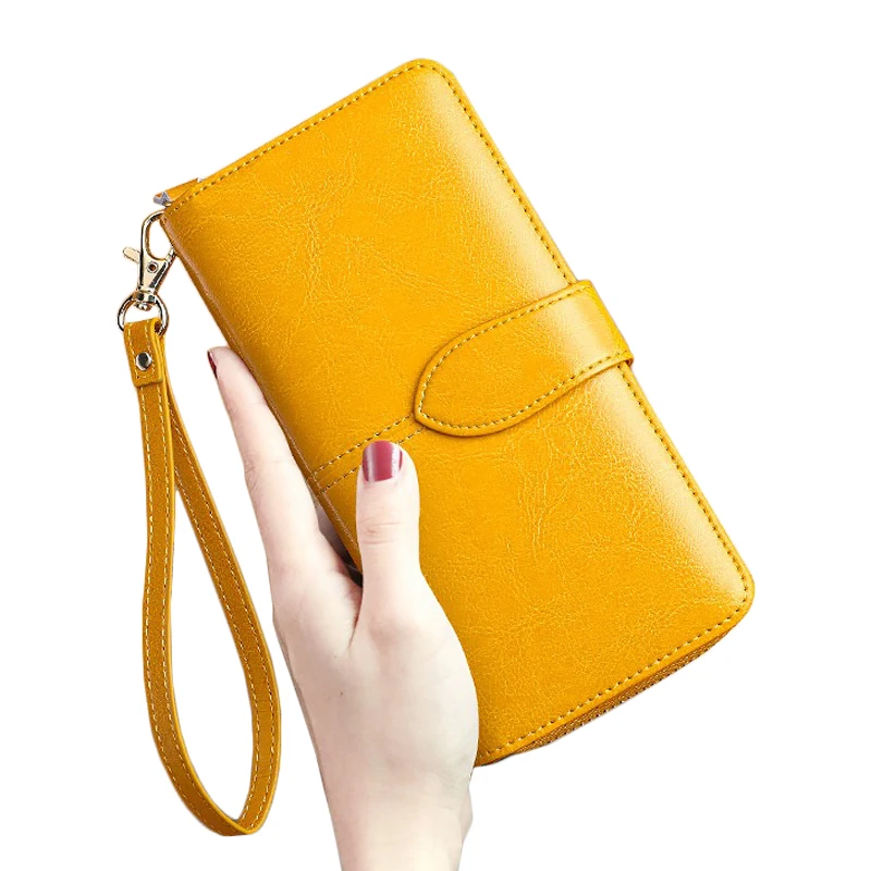 

New Rfid Long Women Wallets Genuine Leather Clutch Phone Bag Zipper Coin Pocket Purse Female Wallet Yellow Orange Card Holder