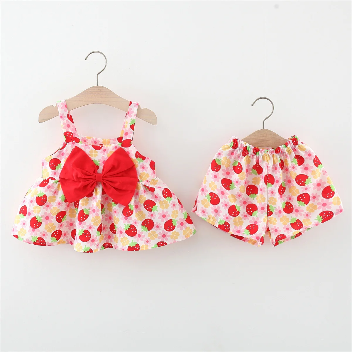 Summer Baby Set Cute Girl Beach 2-Piece Set Bow Tie Strap Fragmented Flower Top And Shorts Cool And Cute Children\'S Wear