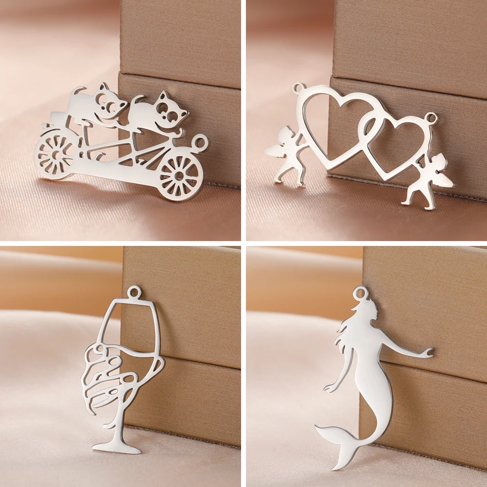 Cute Racoon Heart Angle Mermaid Stainless Steel Charms Pendant For Jewelry Making Necklace Keychain DIY Wholesale No Rust