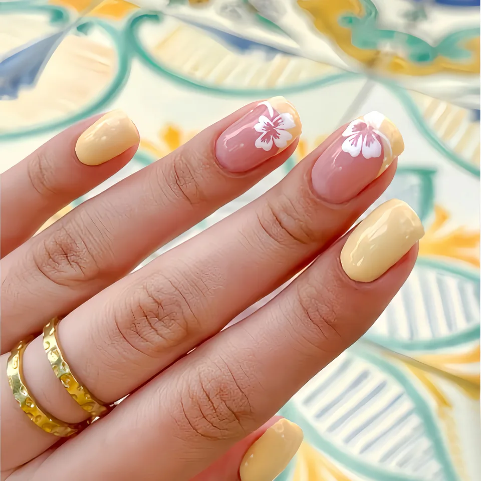 24 piezas uñas postizas blancas con flores de hadas, punta francesa rosa, cortas cuadradas, para mujer y niña DIY 6