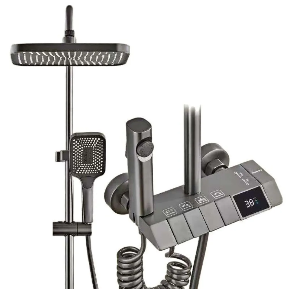 Grey Shower System Intelligent High Pressure Digital Shower Faucet Set Piano Button Temperature Display Rainfall Shower Set
