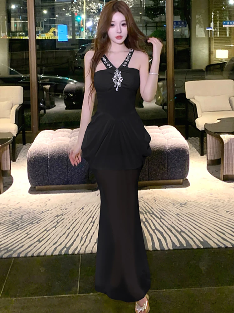 

Women Korean Vintage Luxury Dance Party Dress Summer Black Mesh Pleated Bodycon 2025 Elegant Diamonds Neck-mounted Sexy Dresses