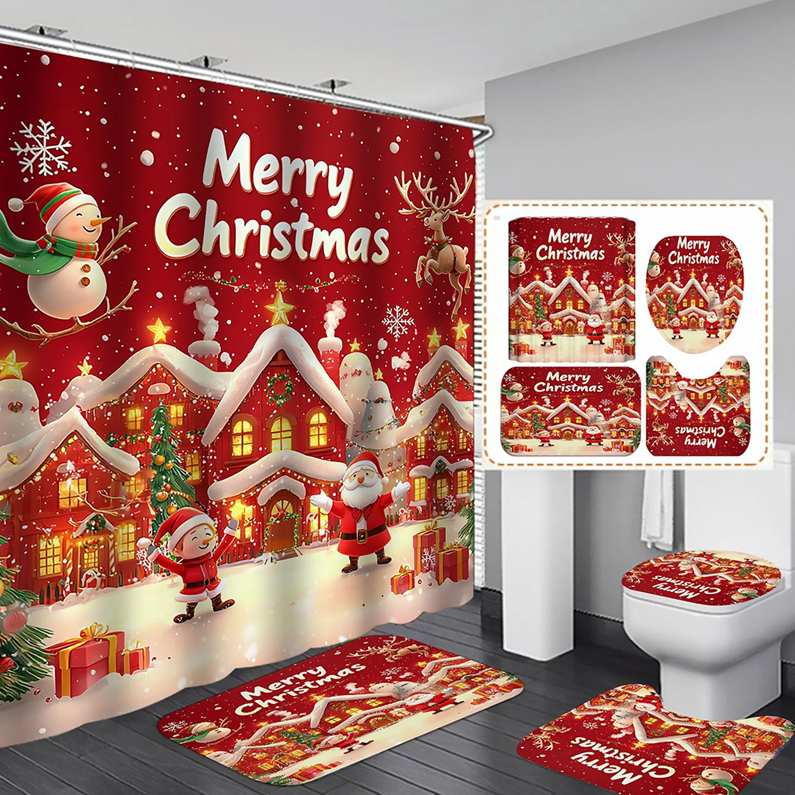 

4Pcs Christmas Shower Curtain Set Non-Slip Bathroom Decoration Set Waterproof Funny Shower Curtain Set Festival Gift for Friends