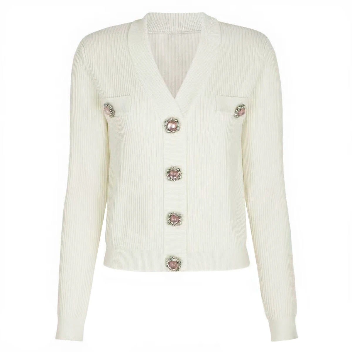 

Women's High-Quality Spring & Autumn New Style Fashionable Elegant Button-Detailed Knitted V-Neck Long-Sleeve Top/Outerwear