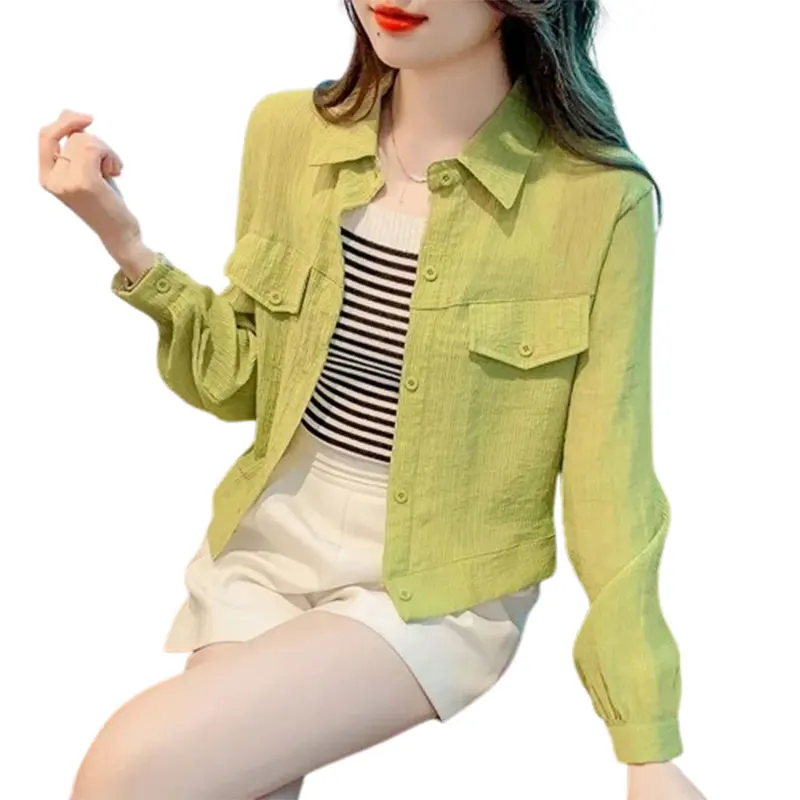 Summer Elegant Fashion Harajuku Slim Fit Female Clothes Loose Casual All Match Outerwear Button POLO Collar Long Sleeve Shirt