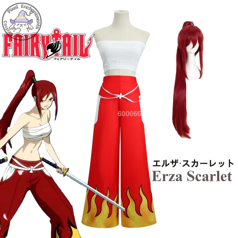 

FAIRY TAIL Erza Scarlet Cosplay Costume Women Japanese Anime Role Play Pants White Tube Tops Red Cool Set Dark Halloween Par # 1
