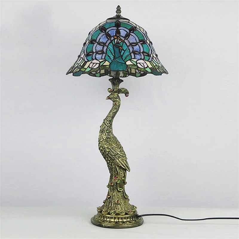 TEMAR Tiffany Table Lamp Peacock Contemporary Retro Creative Decoration LED Light For Home
