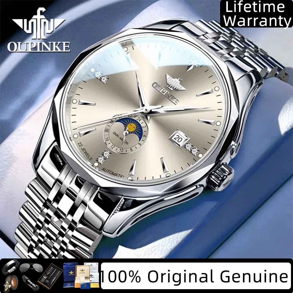 

OUPINKE Luxury Men's Watches High Quality Original Automatic Mechanical Wrist Watches for Man Moon Phase Waterproof Watches 3275