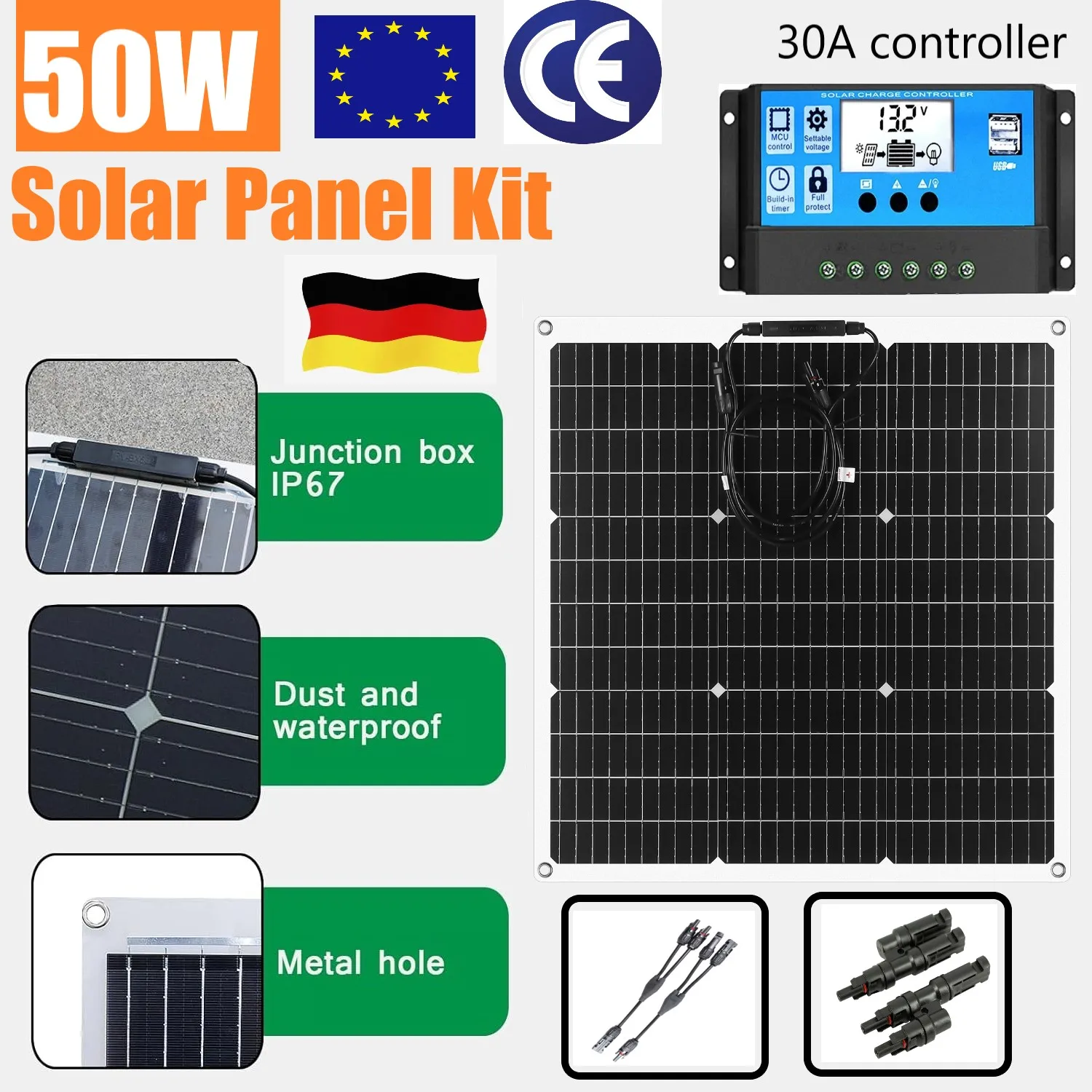 50W 18V Flexible Solar Panel Kit 12V Battery Charger With 30A Solar Controller System Module Solar Cells Power Bank Camping Home